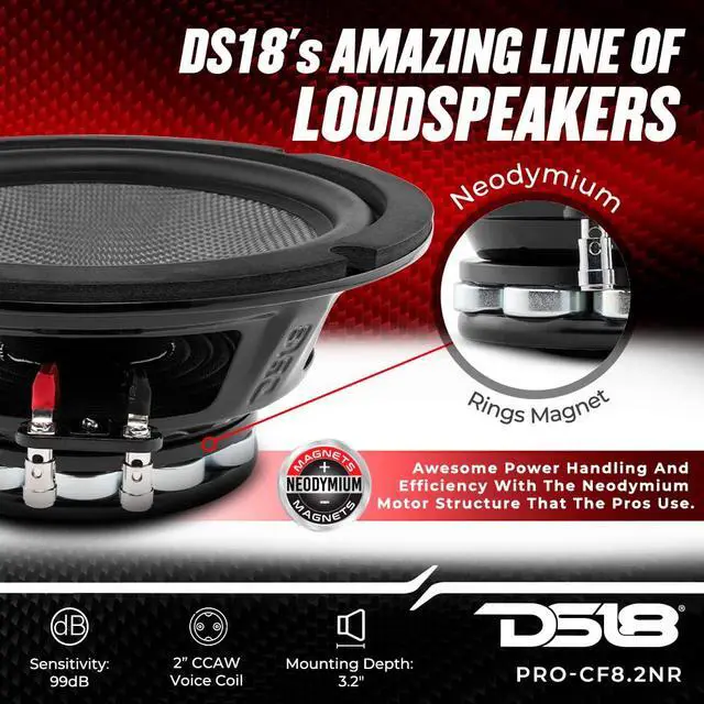 Alt view image 3 of 7 - PRO-CF8.2NR 8" Water Resistant Loudspeaker - Mid-Bass Carbon Fiber Cone and Neodymium Rings Magnet 600 Watts 2-Ohms - Ideal for Motorcycle & Motorsports (MP)
