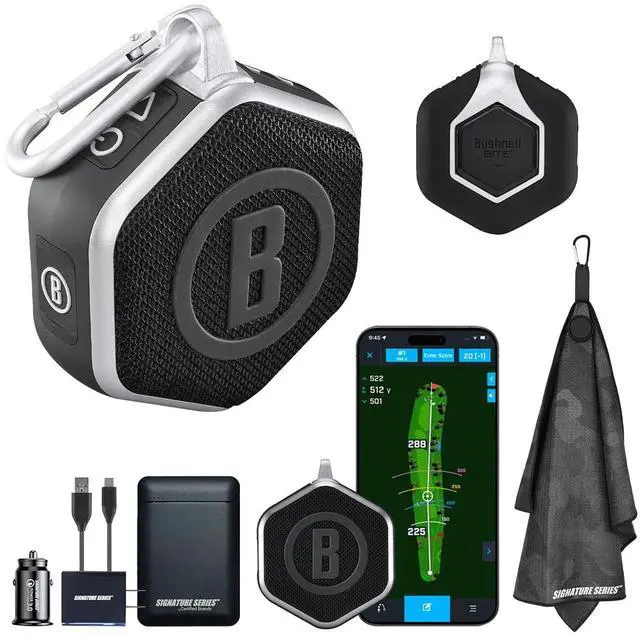 Main image of Bushnell Golf Wingman Mini GPS Speaker (Black/Silver) | Magnetic Mount, Music & Audible Distances for 38,000+ Courses, Carabiner Clip, Waterproof, 36-Hole Battery, with Signature Series Power Bundle