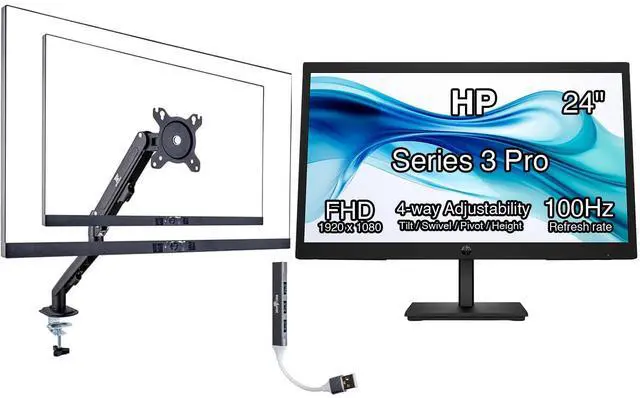 Main image of HP Series 3 Pro 24" 100Hz FHD IPS Monitor with Adjustable Tilt/Swivel/Pivot/Height, VESA Mount (100mm), VGA, Displayport, HDMI, Black w/DKZ Hub & ErgoFlexy Single Mount Arm