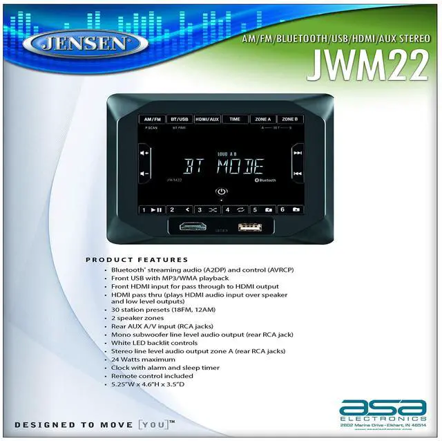 Main image of JWM22 2-Speaker Zones AM/FM|BT|HDMI|AUX Cube Wall Mount Stereo, Speaker Output 4X 6 Watt, 30 Station Presets (18FM/12AM), Receives Bluetooth Audio (A2DP) and Controls (AVRCP) from Devices