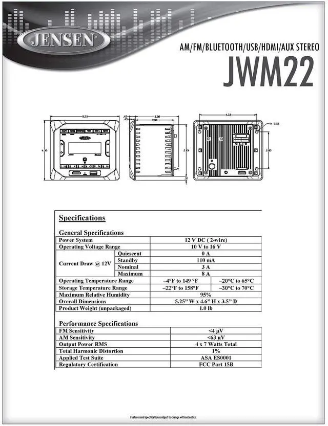 Alt view image 2 of 3 - JWM22 2-Speaker Zones AM/FM|BT|HDMI|AUX Cube Wall Mount Stereo, Speaker Output 4X 6 Watt, 30 Station Presets (18FM/12AM), Receives Bluetooth Audio (A2DP) and Controls (AVRCP) from Devices