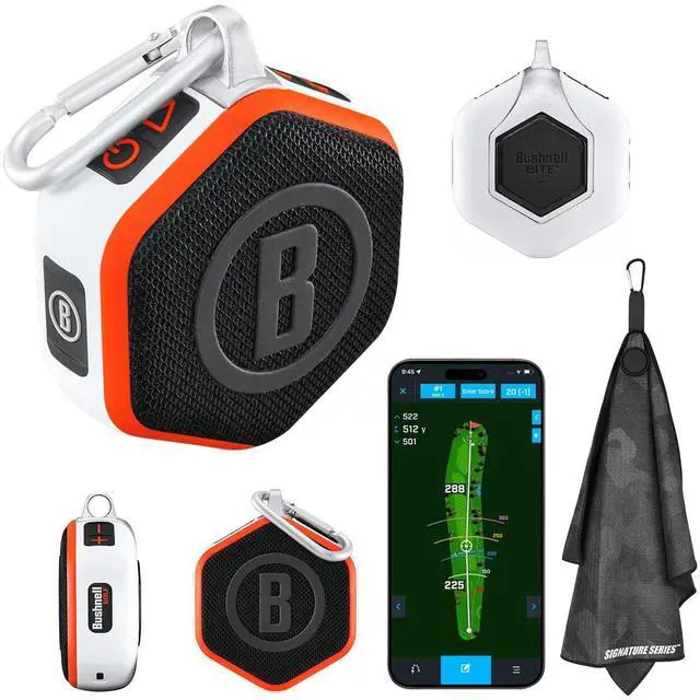 Main image of Bushnell Golf Wingman Mini GPS Speaker (Orange/White) | Magnetic Mount, Music & Audible Distances for 38,000+ Courses, Carabiner Clip, Waterproof, 36-Hole Battery, with Signature Series Golf Towel