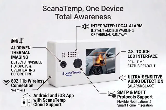 Alt view image 2 of 7 - AI Thermal Flame & Heat Detector for EV Charging, E-Bike Battery, and Garage Safety | Advanced Sound Monitor System Made in USA