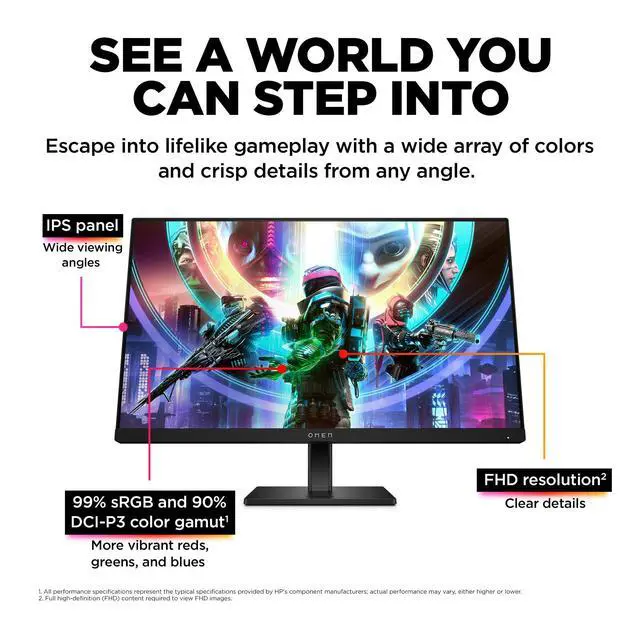 Alt view image 3 of 7 - OMEN 23.8" FHD 165Hz Gaming Monitor, FHD Display (1920 x 1080), IPS panel, 99% sRGB, 90% DCI-P3, 16:9, AMD FreeSync Premium Technology, 24 (2023),Black