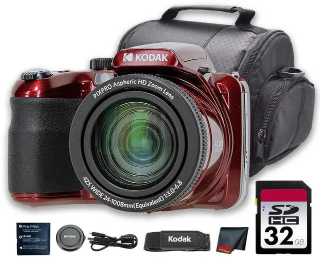 Main image of PIXPRO AZ425 Digital Camera (Red) | 20MP Sensor, 42x Optical Zoom, 24mm Wide-Angle Lens & Optical Image Stabilization | Great for Travel & Everyday Photos (AZ425RD) + 32GB Card + Bag + Cloth