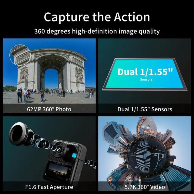 Alt view image 7 of 7 - QooCam 3 360° Action Camera Travel Combo | Dual-Lens 5.7K Video Capture with Image Stabilization, Waterproof Design | 64GB Card + 50-in-1 Accessory Kit