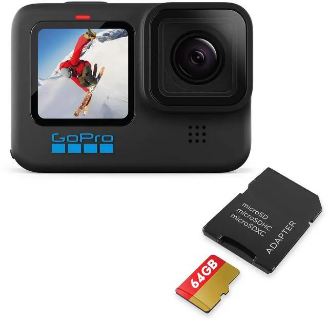 Main image of HERO10 Black + SD Card Bundle Ecomm Packaging Waterproof Action Cam, Front/Rear LCD Touchscreens, 5.3K60 UHD Video, 23MP, 1080p Live Streaming, and 64GB Extreme microSDHC UHS-I w/Adapter