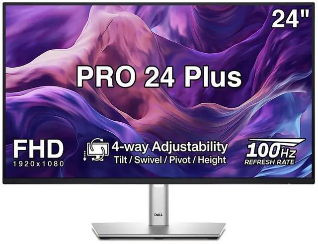 Main image of PRO 24 Plus 24" FHD IPS Monitor | 4-Way Adjustability Tilt/Swivel/Pivot/Height, Anti-Glare, Flicker Free, 250 nits, VESA Mount, Displayport, HDMI, Black/Silver