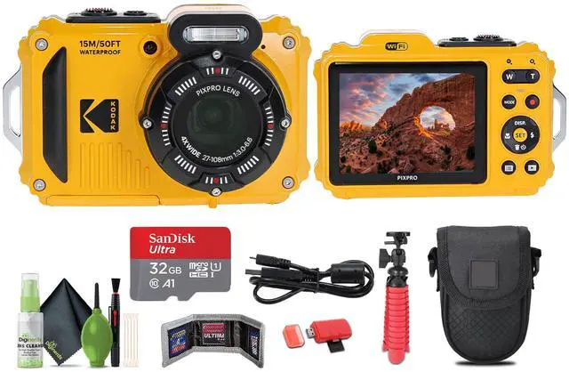 Main image of PIXPRO WPZ2 Rugged Waterproof Shockproof Dustproof WiFi Digital Vlogging Camera 16MP (Yellow) Bundle with 32GB Memory Card + Vlogger Tripod + Bag + Cleaning Kit + More Accessories