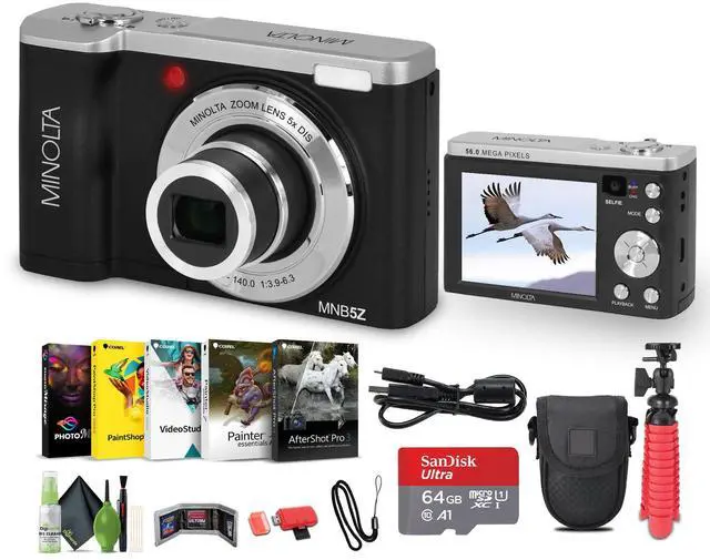 Main image of MNB5Z 56MP Dual Lens Point & Shoot Digital Camera with 5X Optical Zoom & 5K Ultra HD Video Bundle with 64GB Memory Card + Vlogger Tripod + Bag + Cleaning Kit + More Accessories (Black)