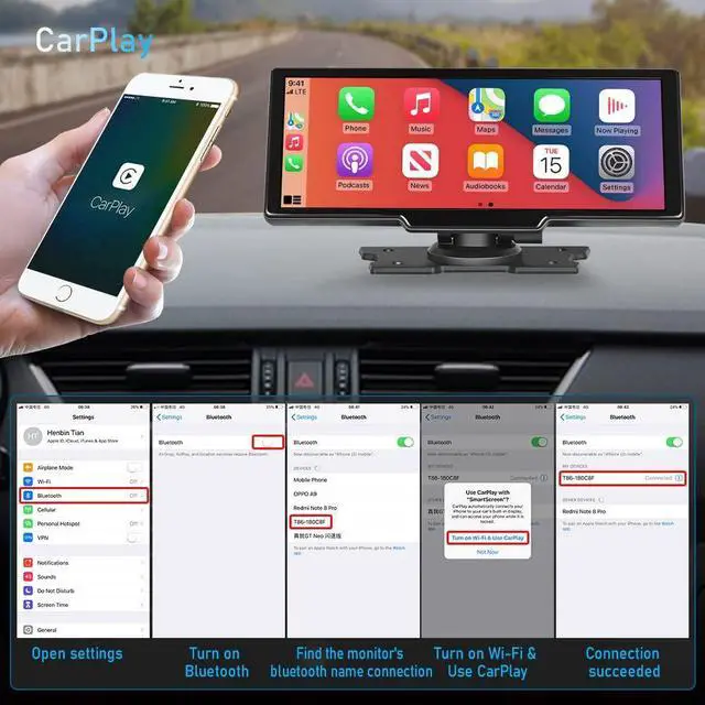 Alt view image 3 of 7 - 10.26 Inch Wireless Carplay Monitor Bluetooth Android Auto Car DVR Dual Cameras Recording 2K+1080P Two Camera Display HD Backup Camera
