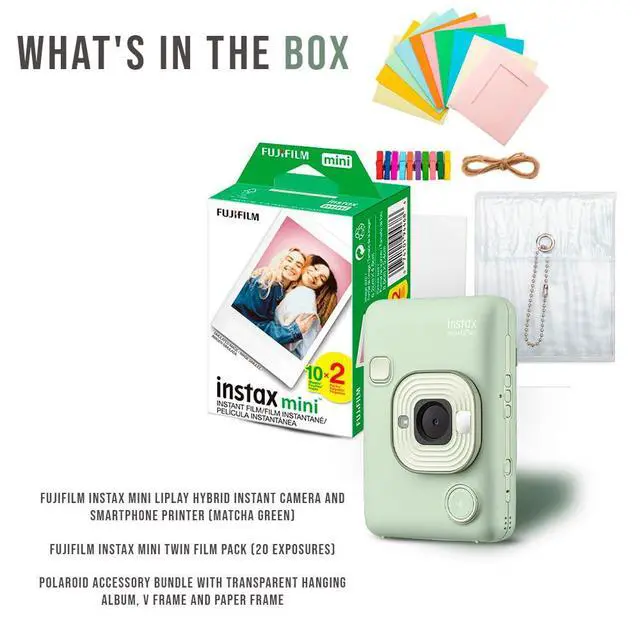 Alt view image 7 of 7 - Instax Mini LiPlay Hybrid Instant Camera Bundle (Matcha Green) | Twin Film Pack (20 Exposures), Accessory Kit, Smartphone Printer, (3 items)