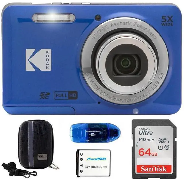 Main image of Pixpro FZ55 Digital Camera Bundle, Includes: SanDisk 64GB SDXC Memory Card, Hard Shell Camera Case, SD Card Reader and More (5 Items) (Blue)