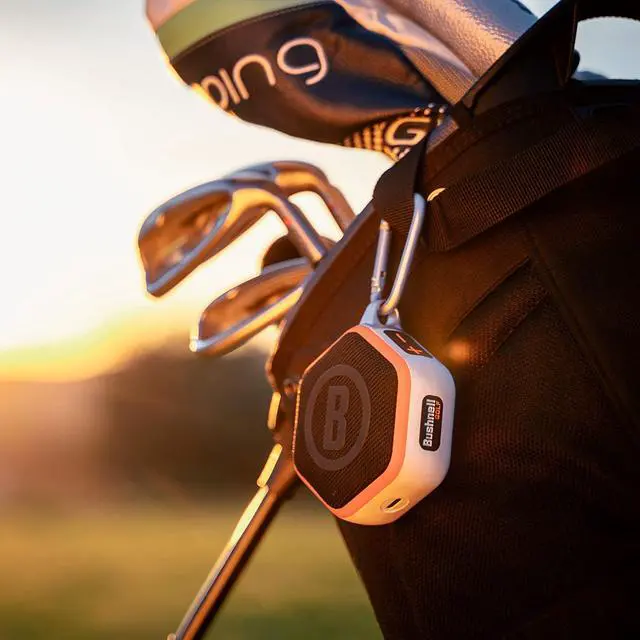 Alt view image 3 of 7 - Bushnell Wingman Mini (Orange/White) Golf GPS Speaker Bundle | Ultra Portable, Bluetooth, Audible Distances, Magnetic Cart Mount, 10Hr Batt | Includes 5000mAh Portable Charger & Carabiner