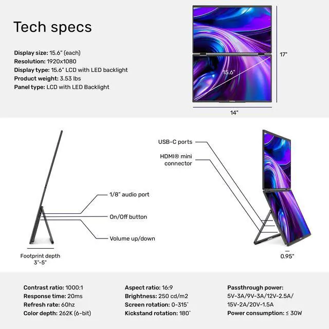 Alt view image 7 of 7 - Solo Book 15.6" Foldable Dual Screen Portable Monitor - FHD Portable Stacked Monitor, External Display for Laptop, Extender with Stacked Dual Monitors for Mac, PC, and Chromebook