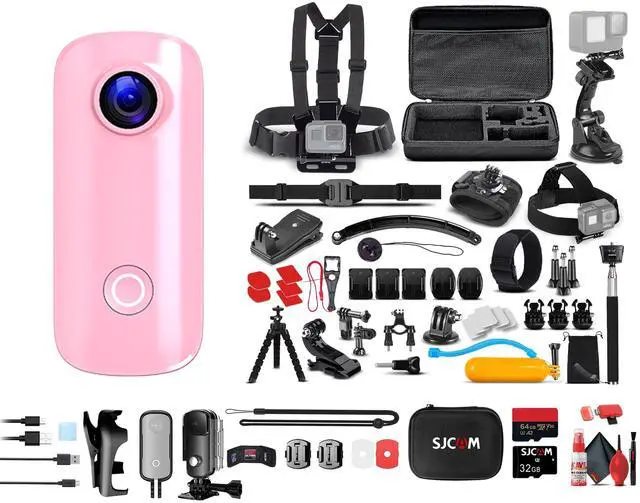 Main image of C100 Plus Action Camera in Pink with 4K Video, EIS Stabilization, and Audio Recording, Bundle Including: 64GB Micro SD Card, 50-in-1 Action Kit, Card Reader, Card Wallet, and Micro USB Cable