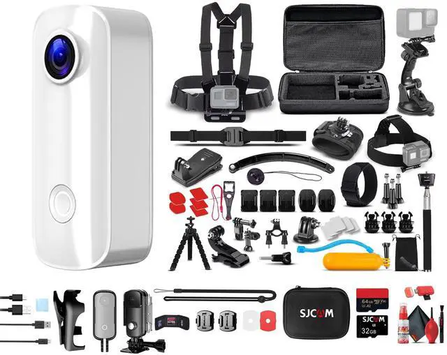 Main image of C100 Plus Action Camera in White with 4K Video, EIS Stabilization, and Audio Recording, Bundle Including: 64GB Micro SD Card, 50-in-1 Action Kit, Card Reader, Card Wallet, and Micro USB Cable