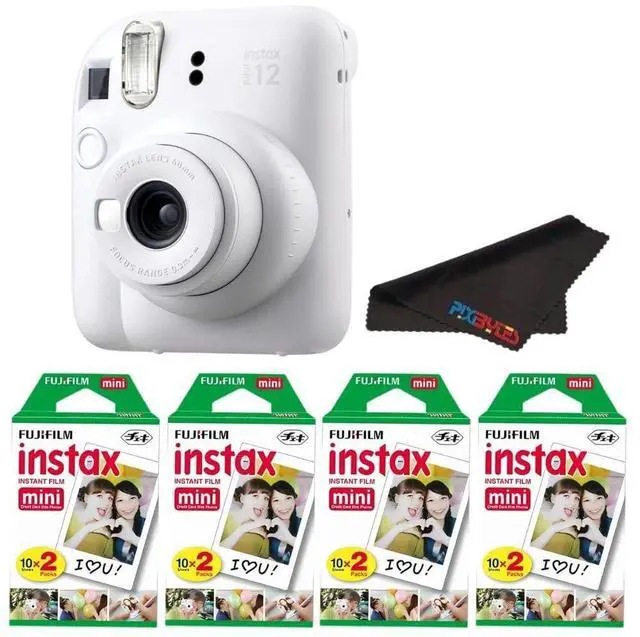 Main image of Instax Mini 12 Camera with Instant Mini Film and PixiBytes Microfiber Cleaning Cloth... (Clay White, Camera + 4 Twin Pack)