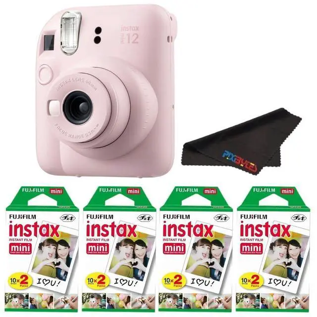 Main image of Instax Mini 12 Camera with Instant Mini Film and PixiBytes Microfiber Cleaning Cloth... (Blossom Pink, Camera + 4 Twin Pack)