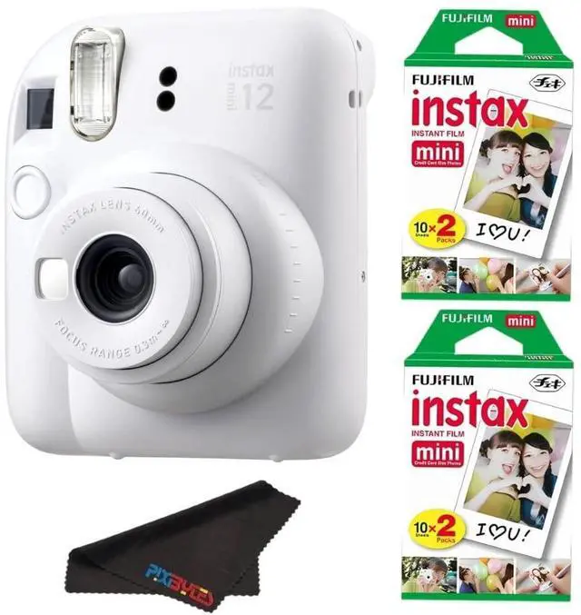 Main image of Instax Mini 12 Camera with Instant Mini Film and PixiBytes Microfiber Cleaning Cloth... (Clay White, Camera + 2 Twin Pack)