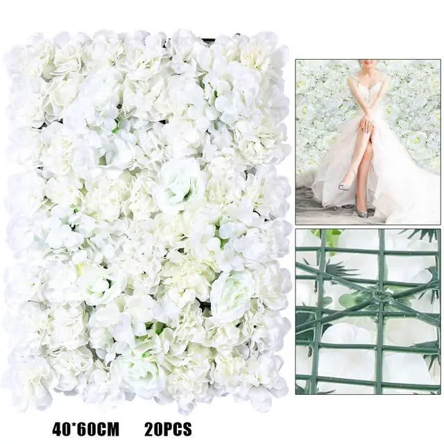 Alt view image 2 of 7 - 20pcs 24" x 16" Artificial Flower Wall Panel Background,3D White Silk Hydrangea Rose Flowers Wall Backdrop for Wedding Party Event Photo Stage Backdrop Wall Decor (White)