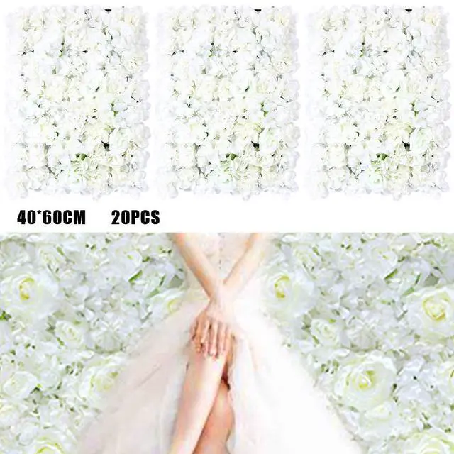 Alt view image 4 of 7 - 20pcs 24" x 16" Artificial Flower Wall Panel Background,3D White Silk Hydrangea Rose Flowers Wall Backdrop for Wedding Party Event Photo Stage Backdrop Wall Decor (White)