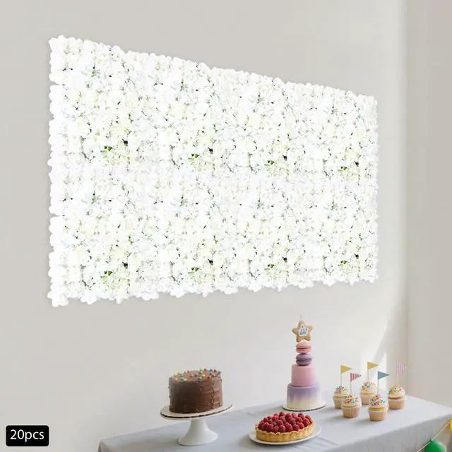 Alt view image 6 of 7 - 20pcs 24" x 16" Artificial Flower Wall Panel Background,3D White Silk Hydrangea Rose Flowers Wall Backdrop for Wedding Party Event Photo Stage Backdrop Wall Decor (White)