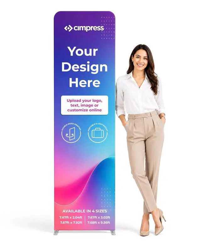 Main image of Custom Tension Fabric Backdrop, 2.2 W x 7.8 H ft, with Aluminum Frame, Add Design to This Portable Double-Sided Stretch Polyester Display, Ideal for Trade Shows, Weddings, and Events