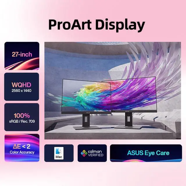Alt view image 5 of 7 - 27" ProArt Display Monitor, WQHD (2560 x 1440), 100% sRGB/Rec. 709, Calman Verified, E<2, DisplayPort/HDMI/USB Hub/DVI-D Mini DP, Eye Care, Professional Monitor for Photo Video Editing