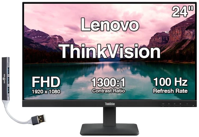 Main image of ThinkVision 24" FHD IPS Monitor w/ 100 Hz Refresh Rate, VESA Mount | 4ms Response Time, Flicker Free, Anti-Glare, HDMI & Dockztorm USB Port Expander, Black