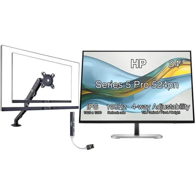 Main image of Series 5 Pro 24" 100Hz WUXGA IPS Monitor Adjustable Tilt, Swivel, Pivot | Anti Glare, Flicker Free, VESA (100mm), HDMI, DP w/ DKZ Hub, Black/Silver & ErgoFlexy Single Mount