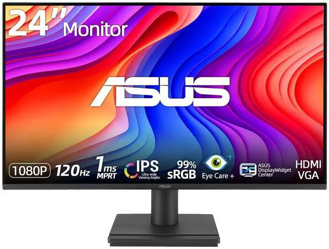 Main image of 24" Monitor, 1080P IPS Full HD Display, 120Hz Refresh Rate, 1ms MPRT, Eye Care Technology with Low Blue Light Flicker Free, Frameless Design, HDMI | VGA, VESA Mountable
