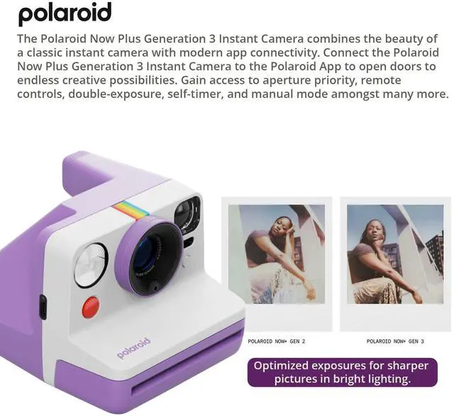 Alt view image 2 of 7 - Now Generation 3 Purple Analog Instant Camera Bundle | Built-in Tripod Mount, Accessories - Two-Lens AF System, Manual Mode, (17 items)