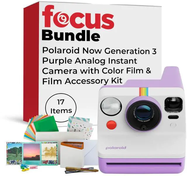 Main image of Now Generation 3 Purple Analog Instant Camera Bundle | Built-in Tripod Mount, Accessories - Two-Lens AF System, Manual Mode, (17 items)