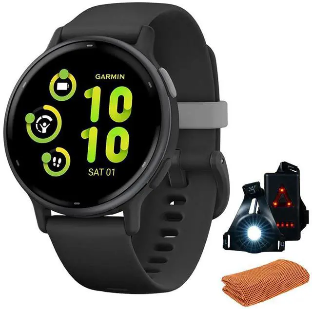Main image of 010-02862-10 Vivoactive 5 Fitness Smartwatch, Black Bundle with Workout Cooling Sport Towel and Deco Essentials Wearable Commuter Front and Rear Safety Light