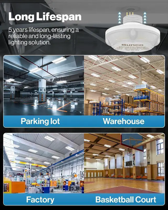 Alt view image 4 of 6 - Sunco 6 Pack Occupancy Motion Sensors for LED Linear High Bay Lights | 360 Degree Microwave Detection, 50FT Ceiling and 65FT Wall Range, White, Wet Rated, Automatic Commercial Lighting Control
