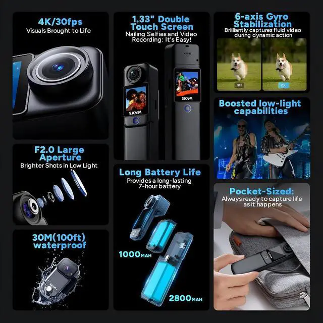 Alt view image 3 of 7 - C300 Action Camera 4K 30FPS 6-Axis Gyro Stabilization 30M Waterproof 1.3 Touch Screen 154° Wide Angle 8X Digital Zoom