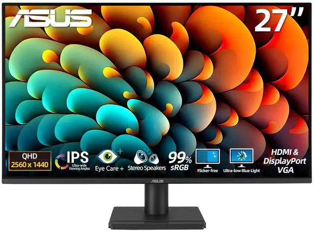 Main image of 27 inch 1440p Monitor, QHD(2560 x 1440), 75Hz, 1ms MPRT, 99% sRGB, Adaptive-Sync, HDMI, DisplayPort, VGA, Built-in Speakers, Low Blue Light, Eye Care, Flicker-Free, VESA Mountable