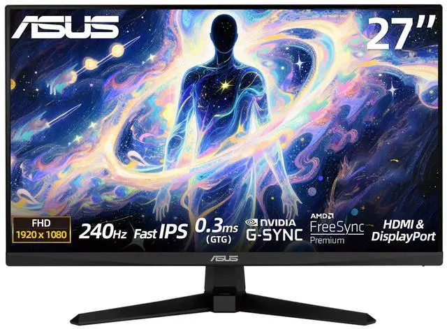 Main image of 27" FHD Gaming Monitor, Fast IPS, 240Hz, 0.3ms, AMD FreeSync Premium, G-SYNC Compatible, HDR10, ELMB Sync, 99% sRGB, Eye Care, DisplayPort, HDMI, Speakers, VESA Mount, Tilt Adjustment, Black