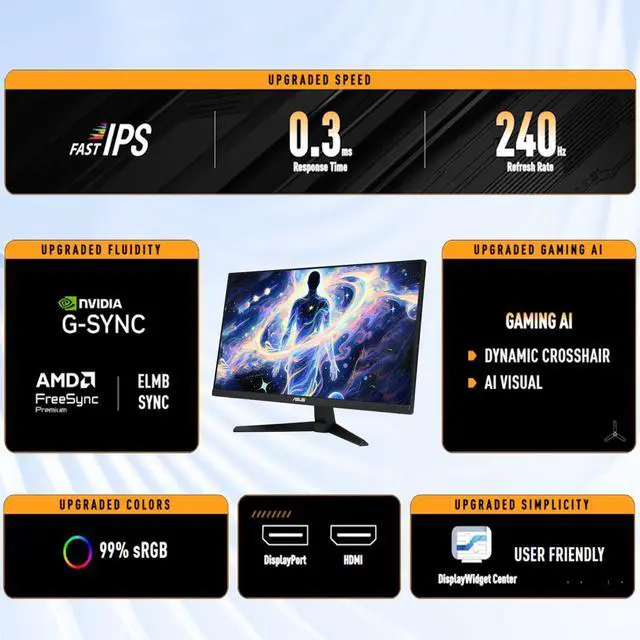 Alt view image 6 of 7 - 27" FHD Gaming Monitor, Fast IPS, 240Hz, 0.3ms, AMD FreeSync Premium, G-SYNC Compatible, HDR10, ELMB Sync, 99% sRGB, Eye Care, DisplayPort, HDMI, Speakers, VESA Mount, Tilt Adjustment, Black