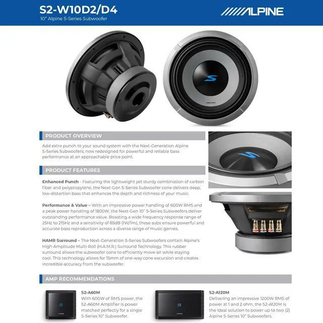 Alt view image 6 of 7 - S2-W10D4 10" S-Series Dual 4 Ohm Car Subwoofer, 1800W Max, 600W RMS | Punchy accurate bass upgrade, high-excursion design, improved motor cooling, Type S sound signature, 10 inch size