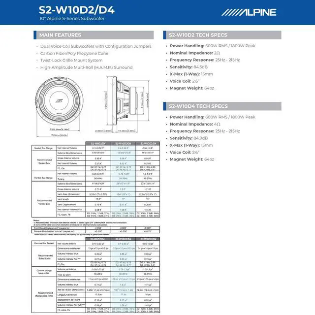 Alt view image 7 of 7 - S2-W10D4 10" S-Series Dual 4 Ohm Car Subwoofer, 1800W Max, 600W RMS | Punchy accurate bass upgrade, high-excursion design, improved motor cooling, Type S sound signature, 10 inch size