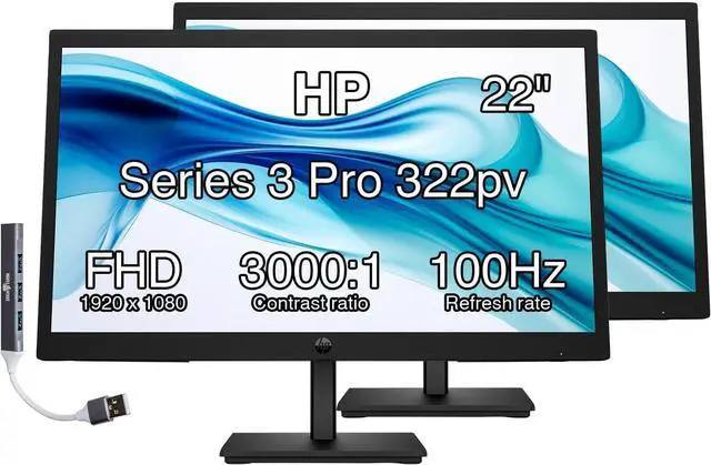 Main image of 22" Series 3 Pro 322pv FHD Monitor Anti-Glare, Flicker Free, VESA Mount | (100x100mm), 5 ms Response Time, HDMI, VGA & Dockztorm USB Port Expander, Black (9U5A2AA#ABA) (2026 Latest Model) 2 Pack