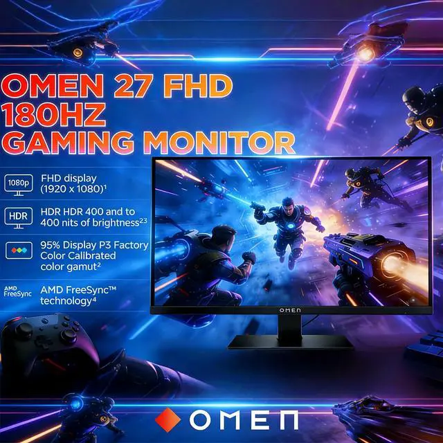 Alt view image 2 of 7 - OMEN 27 Inch FHD (1920 x 1080) Gaming Monitor, 180Hz Refresh Rate, 1ms Response Time, Ultra-Smooth Gameplay, AMD FreeSync, IPS Eye Comfort Display, Low Blue Light, OMEN 27 G2