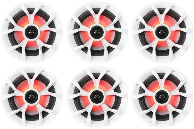 Main image of RKL65MBW 6.5" 2-Way Coaxial Marine Boat LED Speakers, 6-Pack | 700W Peak / 170W RMS, 4 Ohm, Waterproof, Red/Blue Beat-Sync LEDs, 35Hz-20kHz, Includes Black/White Grilles and 16.4 Ft Wire