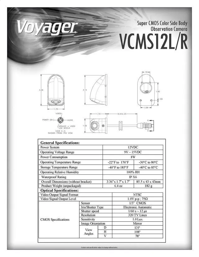 Alt view image 3 of 3 - VCMS12LGPR Model VCMS12L Super CMOS Color Side Body Camera for Vehicles Left Side with Rubber Lens Cover, Waterproof (IPX6), Zinc Alloy Housing in Gray Color, Replaces VCMS36 and VCCSID