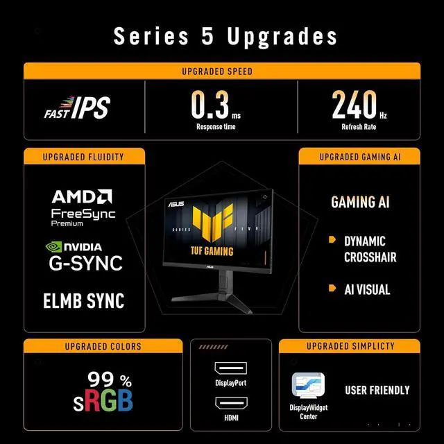 Alt view image 4 of 7 - TUF Gaming 24" FHD Monitor, 240Hz, 0.3ms, Fast IPS, 99% sRGB, G-SYNC Compatible, ELMB, AMD FreeSync, Gaming AI, DisplayWidget, DisplayPort & 2 x HDMI, Height/Tilt/Pivot/Swivel, VESA, Black