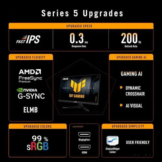 Alt view image 3 of 7 - TUF Gaming 27" FHD Monitor, 200Hz, 0.3ms, Fast IPS, 99% sRGB, G-SYNC Compatible, ELMB, Gaming AI, AMD FreeSync, Low Blue Light, DisplayPort & 2 x HDMI, Tilt, VESA, Black