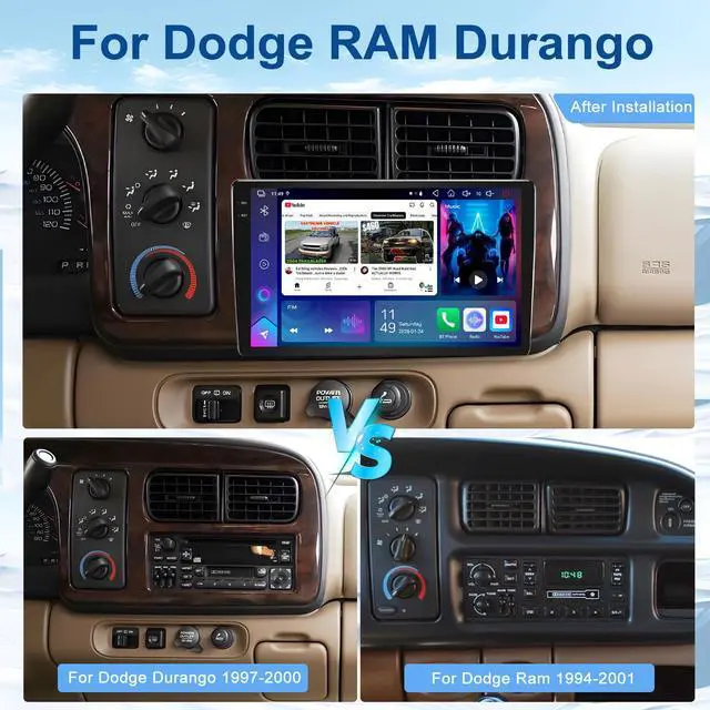 Alt view image 2 of 7 - 4+64G 9 Inch Car Stereo for Dodge Ram 1994-2001, Durango 1997-2000 | QLED Touchscreen Wireless CarPlay & Android Auto, GPS Navigation, Bluetooth, FM/AM RDS and included AHD Backup Camera