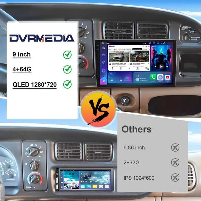 Alt view image 7 of 7 - 4+64G 9 Inch Car Stereo for Dodge Ram 1994-2001, Durango 1997-2000 | QLED Touchscreen Wireless CarPlay & Android Auto, GPS Navigation, Bluetooth, FM/AM RDS and included AHD Backup Camera